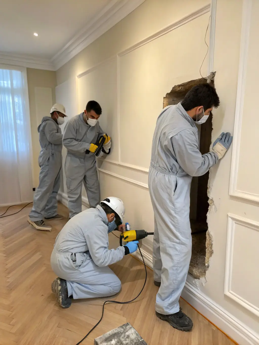 A photo of a wall with extensive damage being repaired by The Patch Boys, showcasing their ability to handle complex projects.