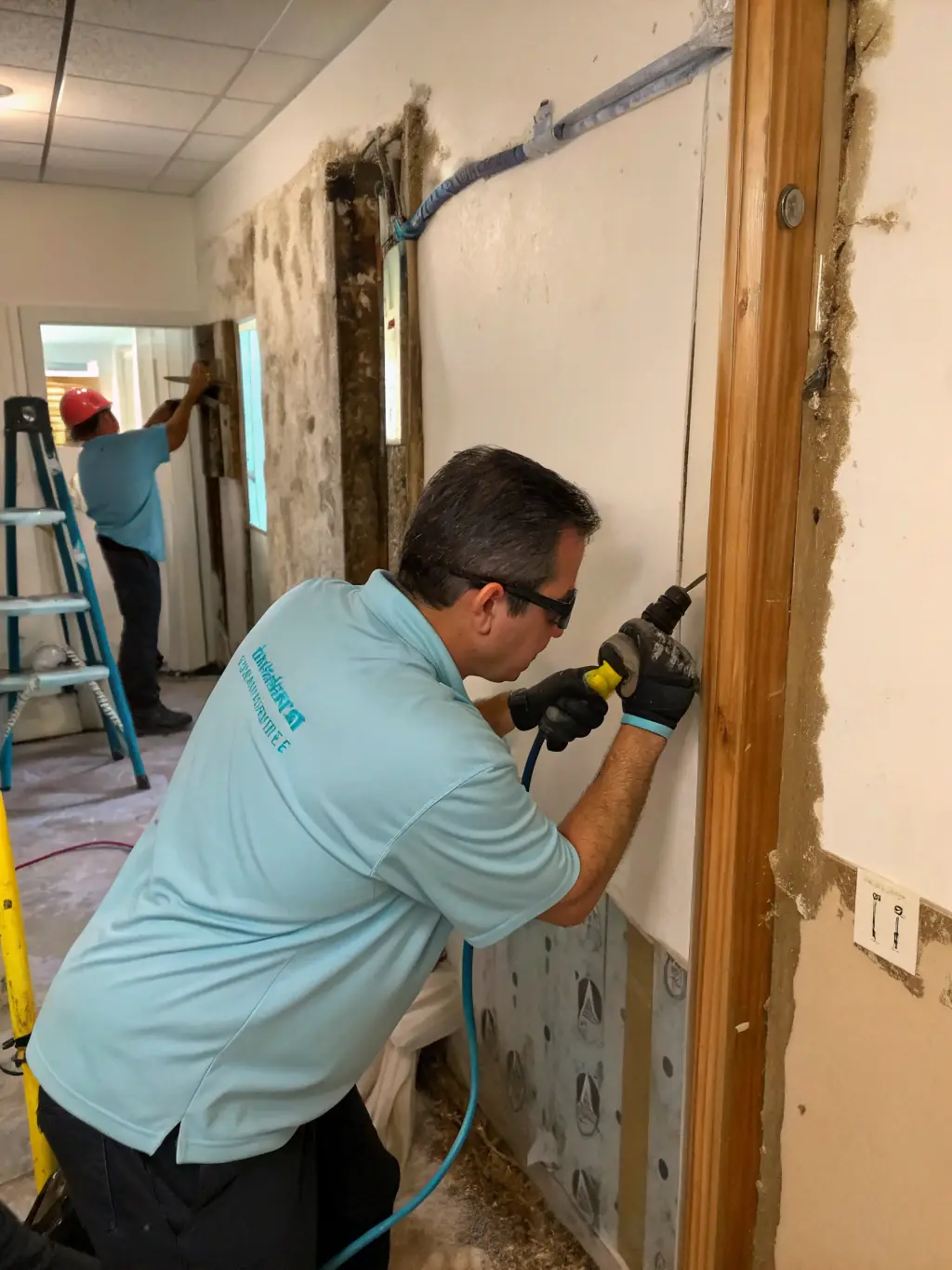 A picture of water damaged drywall being replaced by The Patch Boys, highlighting their ability to handle water damage repairs.